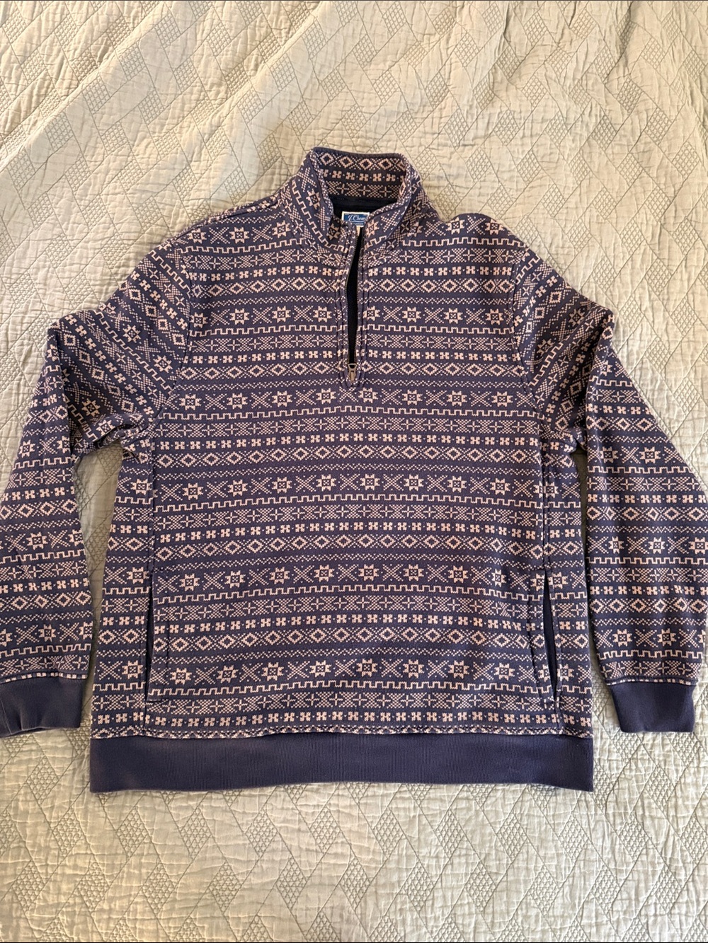 J. Crew Navy and Tan Patterned Quarter-Zip Pullover